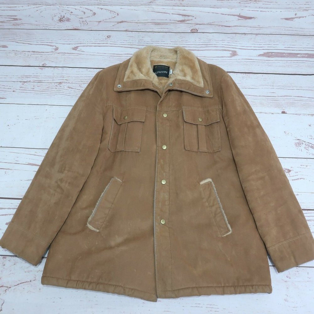Vintage JC Penny Distressed Western Leather Coat w/ Sherpa Liner, Size 44L Long